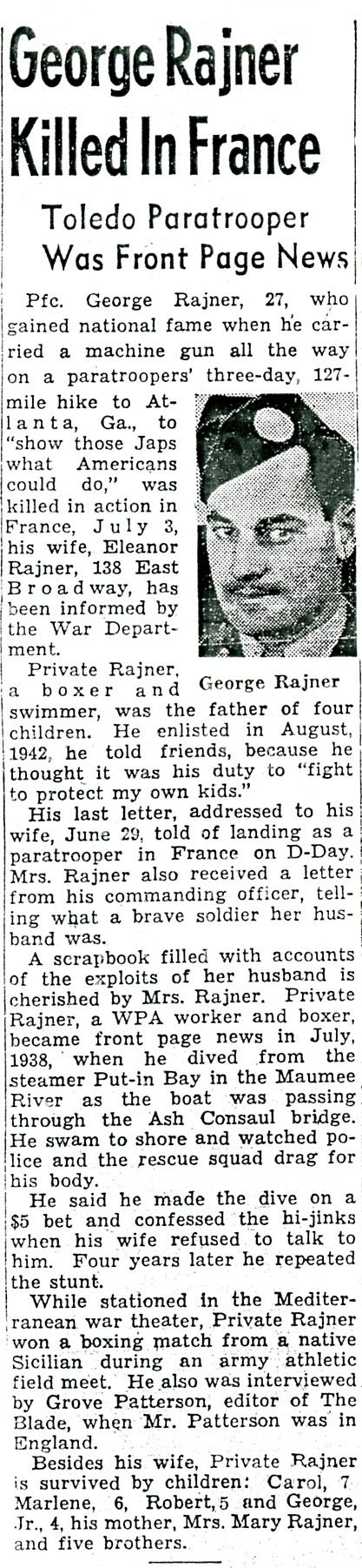 Pfc. George Rajner killed in France.
